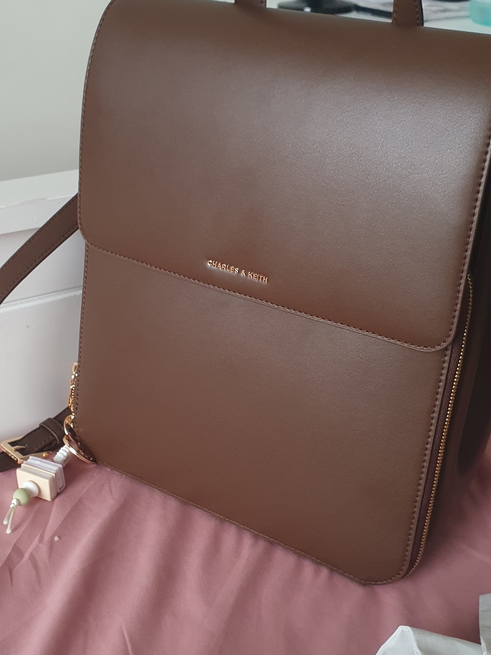 Charles & Keith Men's Brown Leather Backpack Sling